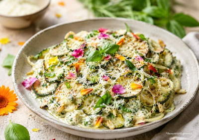 Produktfoto zu Rezept der Woche "Zucchinipasta mit Ricotta & Blüten"