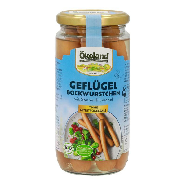 Produktfoto zu VPE Geflügel-Bockwürstchen 12x180g (Abtropfgewicht) Ökoland