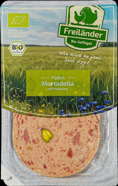Produktfoto zu VPE Puten Mortadella mit Pistazien 3x80g Freiland Bio Geflügel