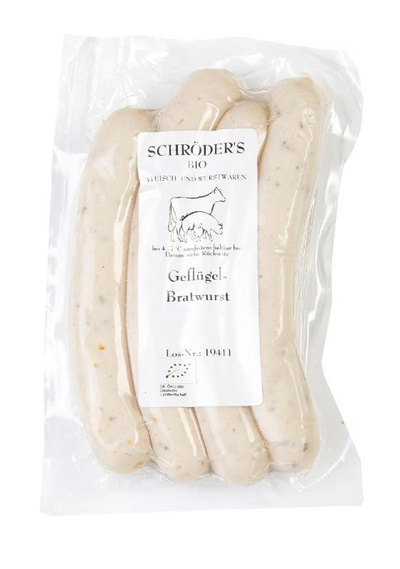 Produktfoto zu Geflügelbratwurst 4 Stück (ca. 200g) Schröder´s Bio Fleisch- und Wurstwaren