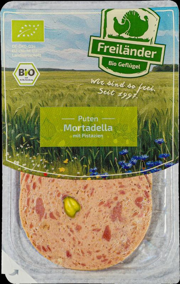 Produktfoto zu VPE Puten Mortadella mit Pistazien 3x80g Freiland Bio Geflügel