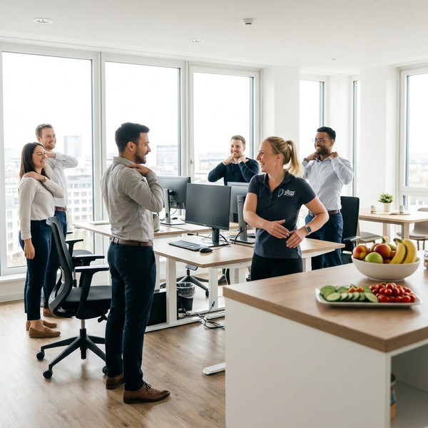 KI generiert: Menschen machen Dehnübungen im Büro, frisches Obst und Gemüse auf dem Tisch im Vordergrund.