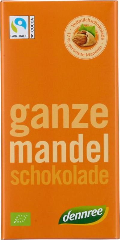 Produktfoto zu VPE Vollmilchschokolade Ganze Mandel 10x100g dennree