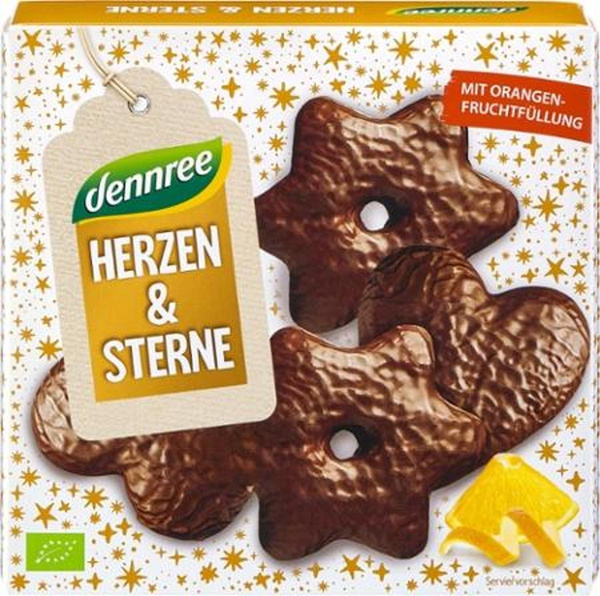 Produktfoto zu Herzen und Sterne mit Orangenfruchtfüllung 250g dennree