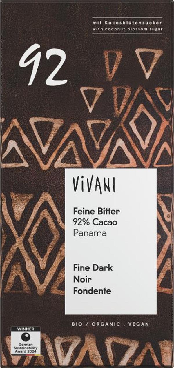 Produktfoto zu  Schokolade Feine Bitter 92% 80g Vivani