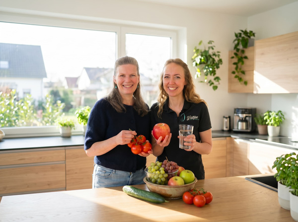 KI generiert: Zwei Frauen in einer Küche mit Obst und Gemüse, eine hält ein Glas Wasser und die andere Tomaten.
