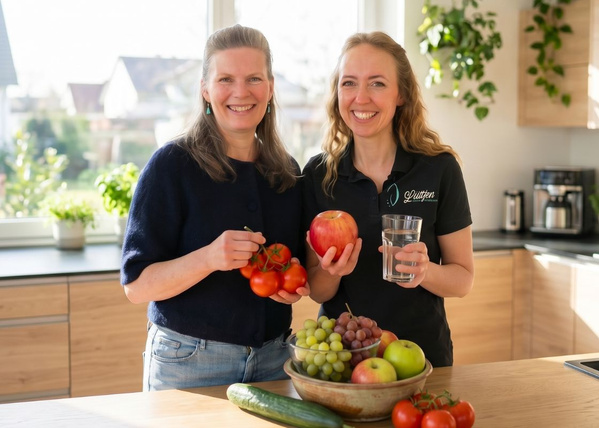 KI generiert: Zwei Frauen in einer Küche halten Obst und Gemüse; Schale mit Trauben im Vordergrund. Shirt mit Aufschrift: „Plütjen“.