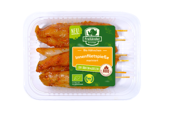 Produktfoto zu Hähncheninnenfiletspieße mariniert 350g Freiländer Bio Geflügel