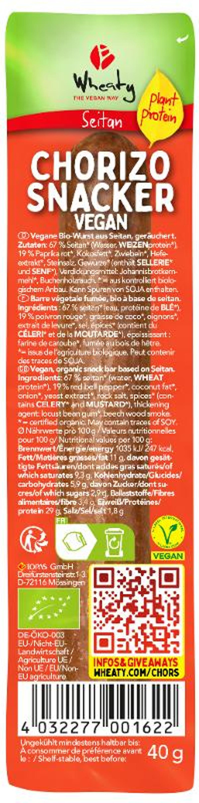 Produktfoto zu VPE Wheaty Chorizo Snacker 12x40g wheaty