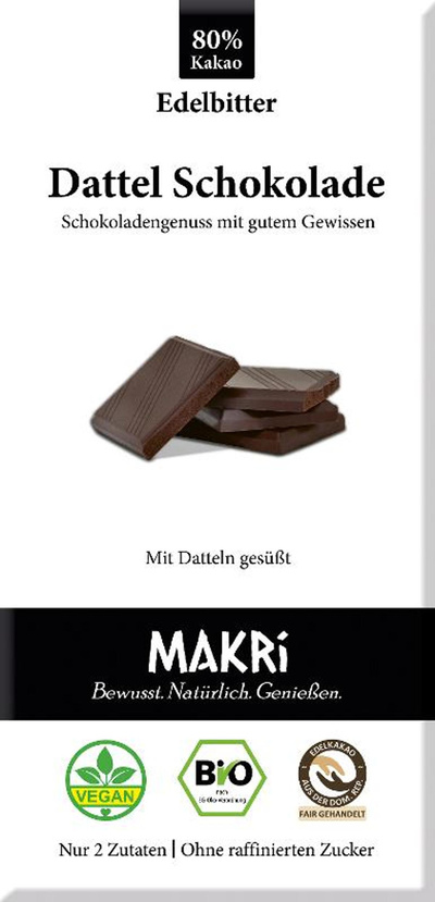Produktfoto zu Dattelschokolade Edelbitter 80% 85g Makri