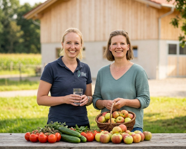 KI generiert: Zwei Frauen stehen vor einem Hof mit einem Tisch voller Obst und Gemüse.