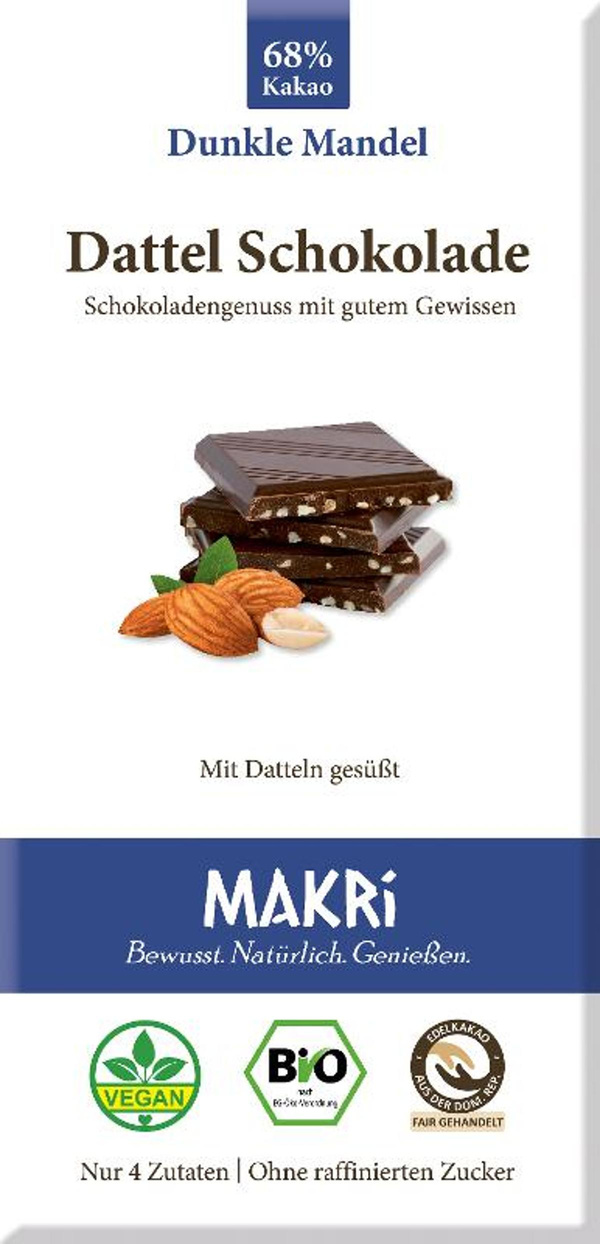 Produktfoto zu Dattel Schokolade Dunkle Mandel 68% 85g Makri