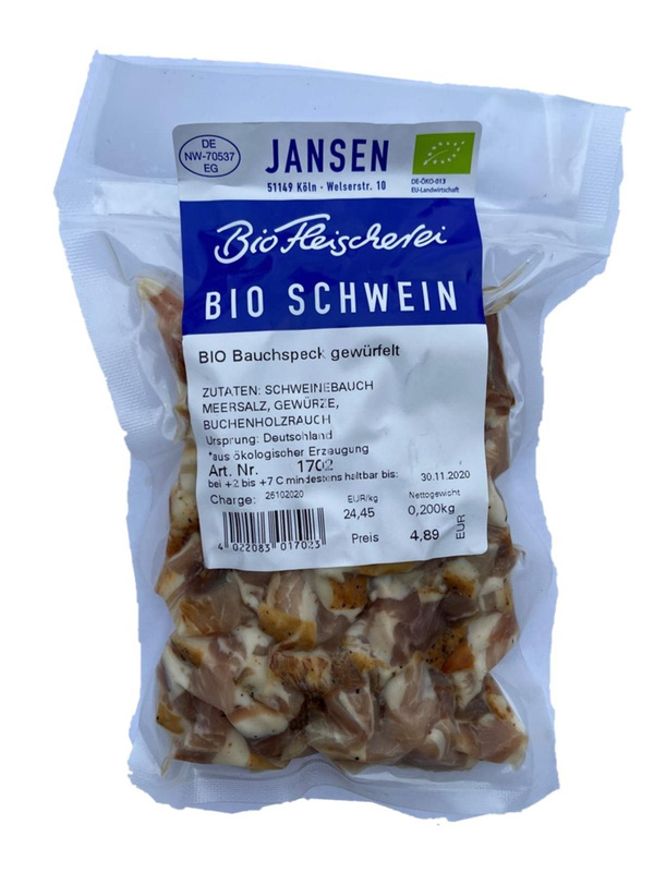 Produktfoto zu Bauchspeck gewürfelt 200g Biofleischerei Jansen
