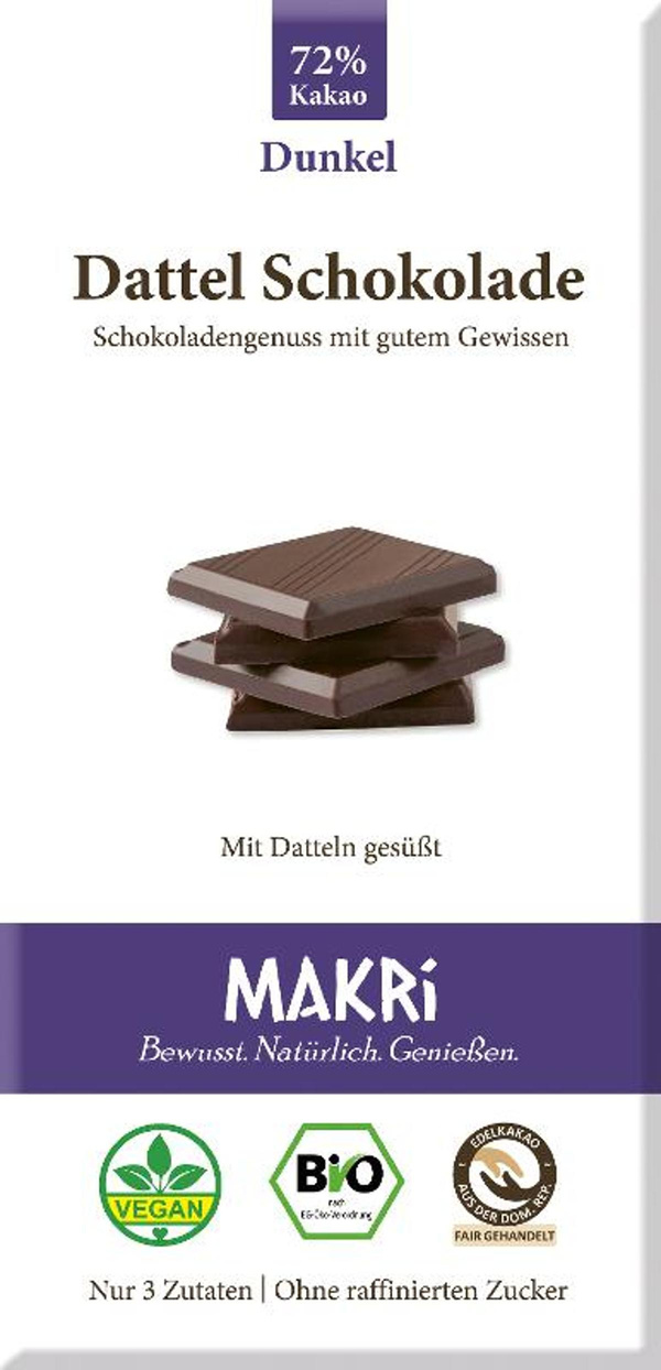 Produktfoto zu Dattel Schokolade Dunkel 72% 85g Makri