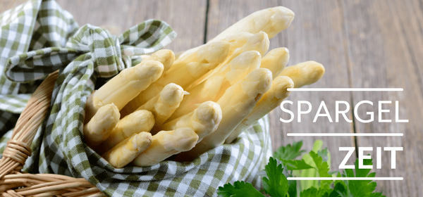 KI generiert: Weiße Spargelstangen in einem Korb mit kariertem Tuch, Text: "SPARGEL ZEIT".