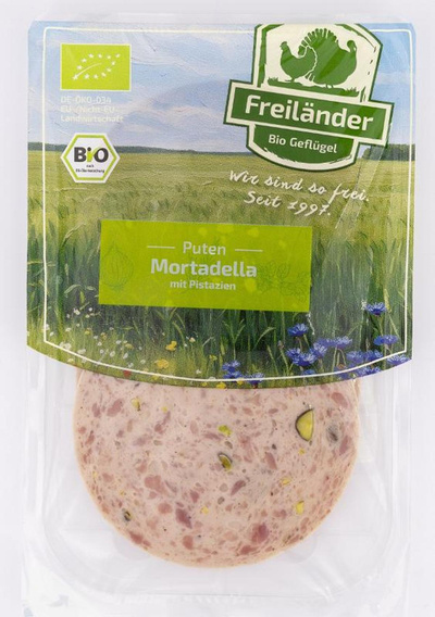 Produktfoto zu VPE Puten Mortadella mit Pistazien 3x80g Freiland Bio Geflügel