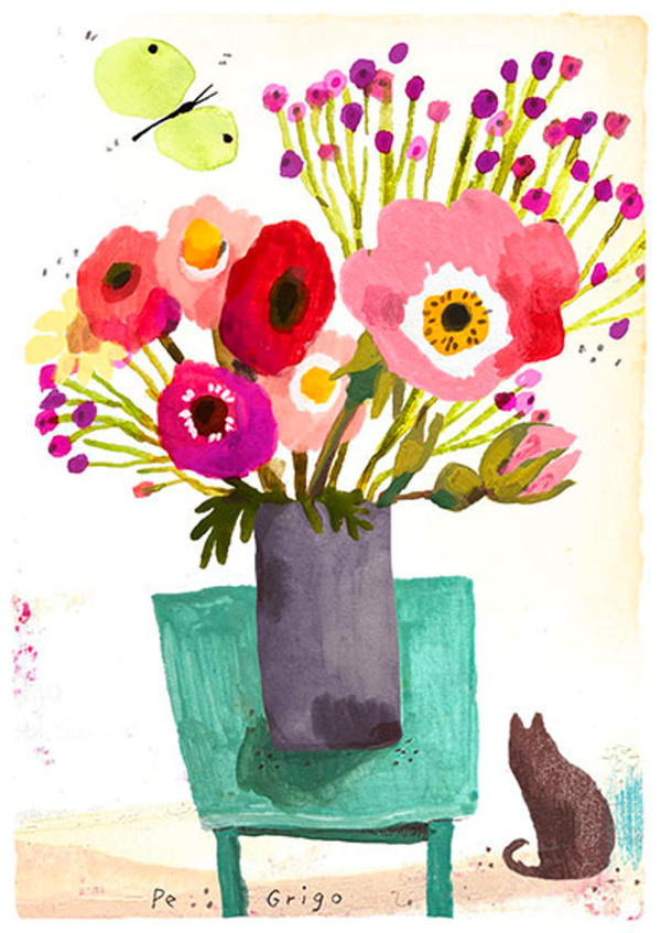 Produktfoto zu Postkarte Blumenstrauß und Katze Pe Grigo
