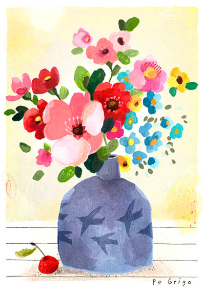 Produktfoto zu Postkarte mit Strauss in blauer Vase Pe Grigo