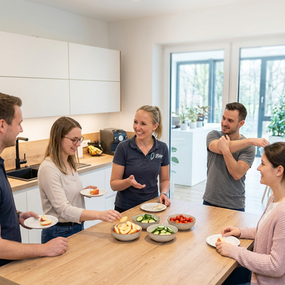 KI generiert: Eine Gruppe von Menschen isst in einer Küche geschnittenes Obst und Gemüse.