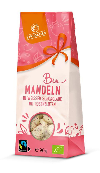 Produktfoto zu Mandeln in weißer Zitronen Schokolade Rosenblüte 90g Landgarten