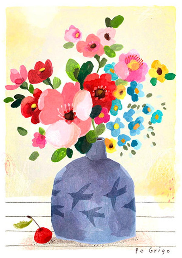 Produktfoto zu Postkarte mit Strauss in blauer Vase Pe Grigo