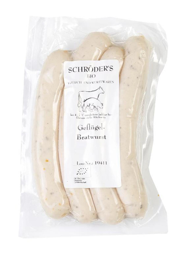 Produktfoto zu Geflügelbratwurst 4 Stück (ca. 200g) Schröder´s Bio Fleisch- und Wurstwaren