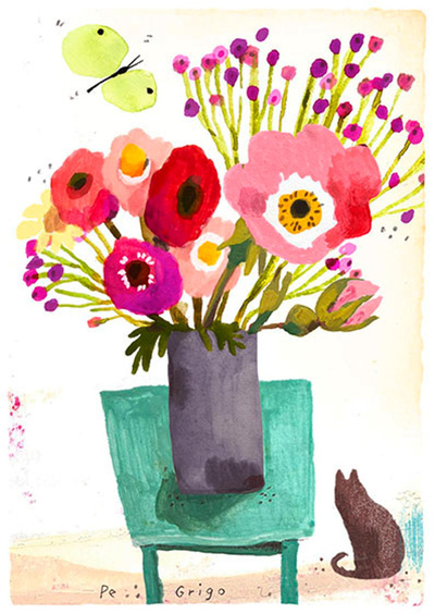 Produktfoto zu Postkarte Blumenstrauß und Katze Pe Grigo