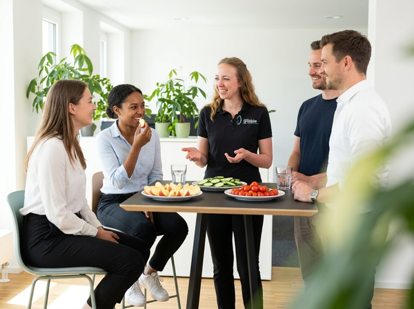 KI generiert: Eine Gruppe von Menschen unterhält sich lachend an einem Tisch mit Snacks.