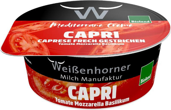 Produktfoto zu Capri Frischcreme Tomate, Mozzarella & Basilikum 125g Weißenhorner Milch Manufaktur