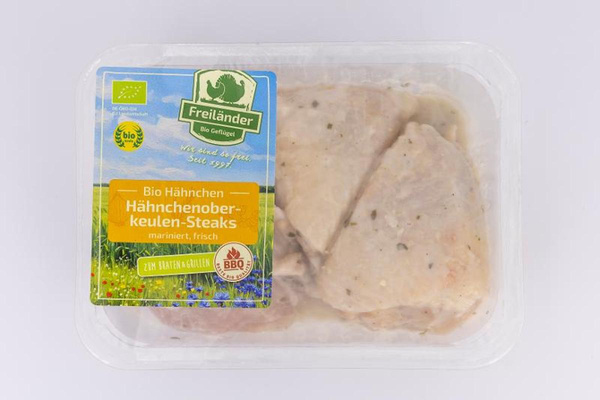Produktfoto zu Hähnchenoberkeulensteaks Joghurt Knoblauch 350g Freiländer Bio-Geflügel