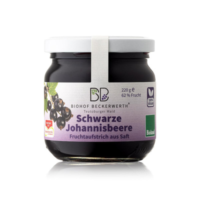 Produktfoto zu Schwarze Johannisbeere Fruchtaufstrich aus Direktsaft 220g Biohof Beckerwerth
