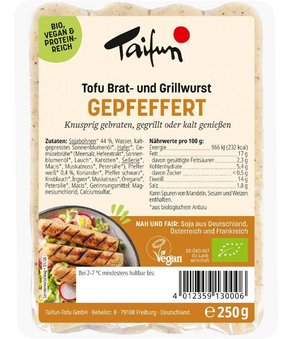 Produktfoto zu Tofu Brat- und Grillwurst gepfeffert 4 Stück 250g Taifun